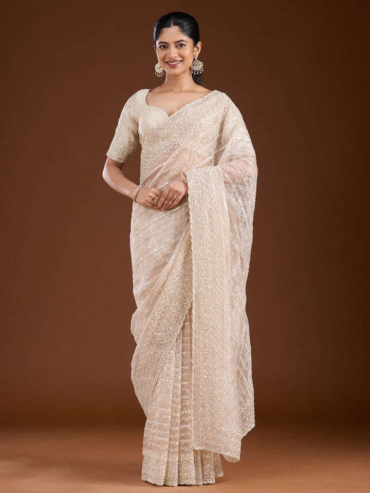 Off White Sequins Net Saree