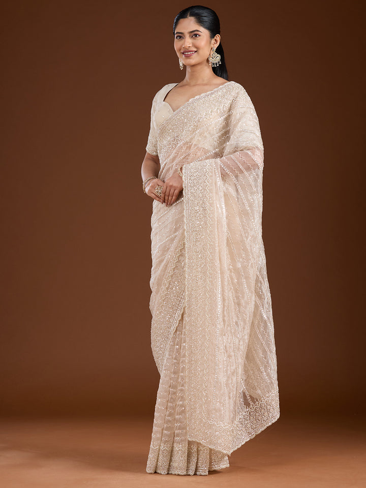 Off White Sequins Net Saree