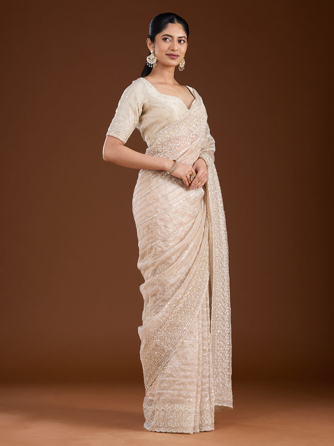 Off White Sequins Net Saree