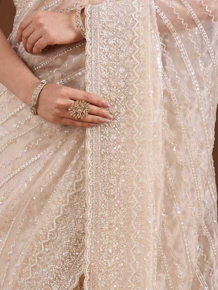 Off White Sequins Net Saree