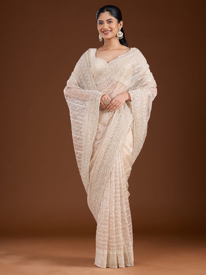 Off White Sequins Net Saree