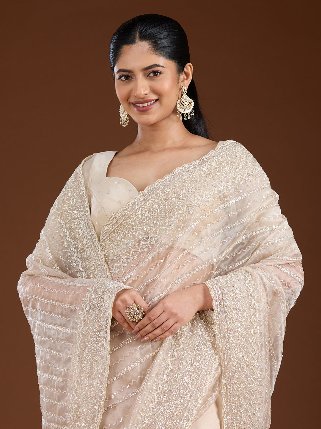 Off White Sequins Net Saree