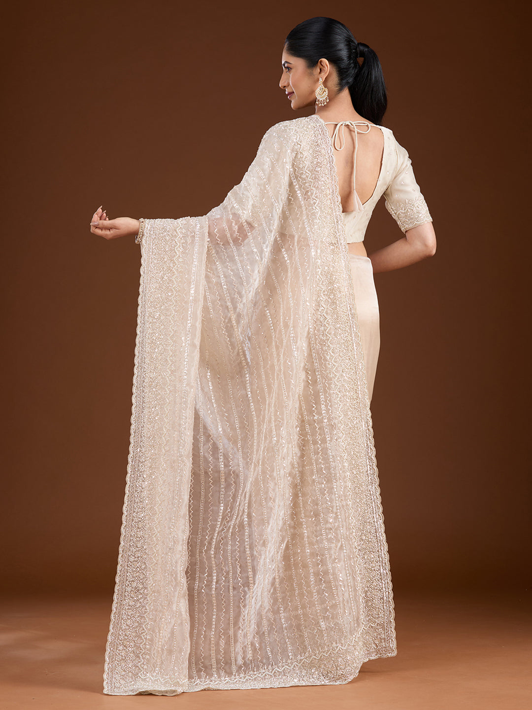 Off White Sequins Net Saree