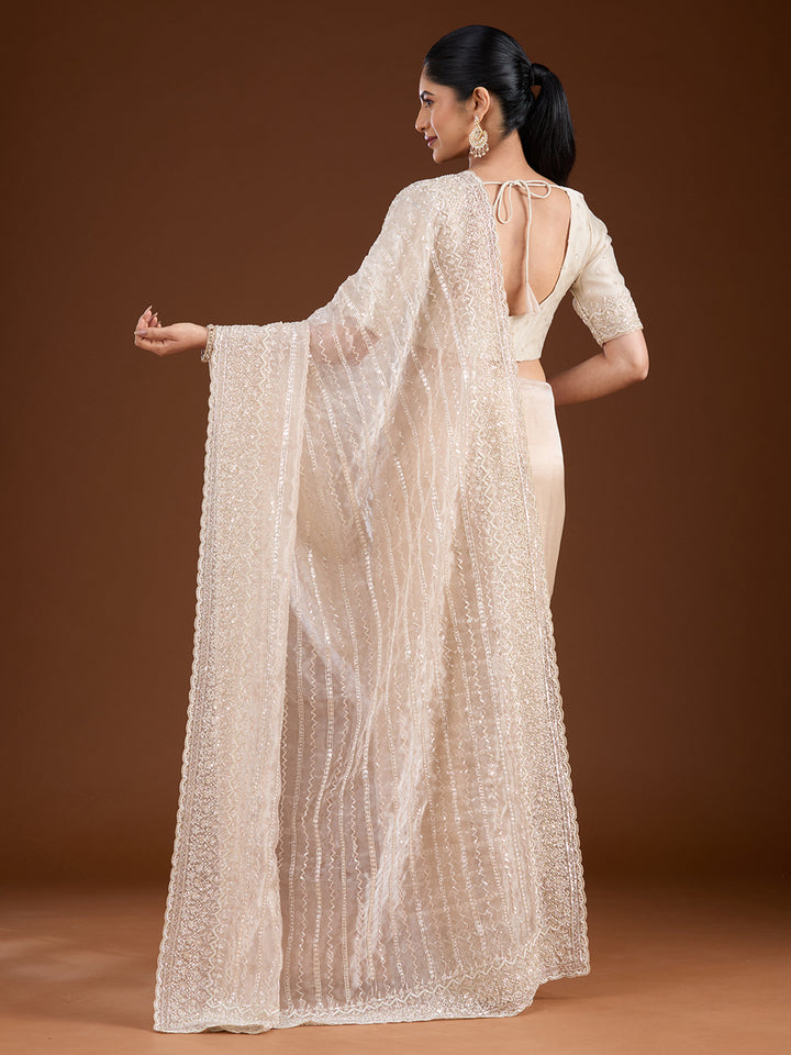 Off White Sequins Net Saree