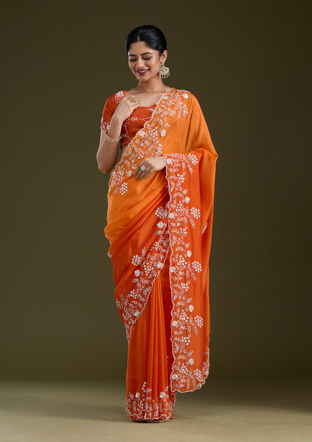 Orange Satin Aariwork Saree With Matching Blouse Piece