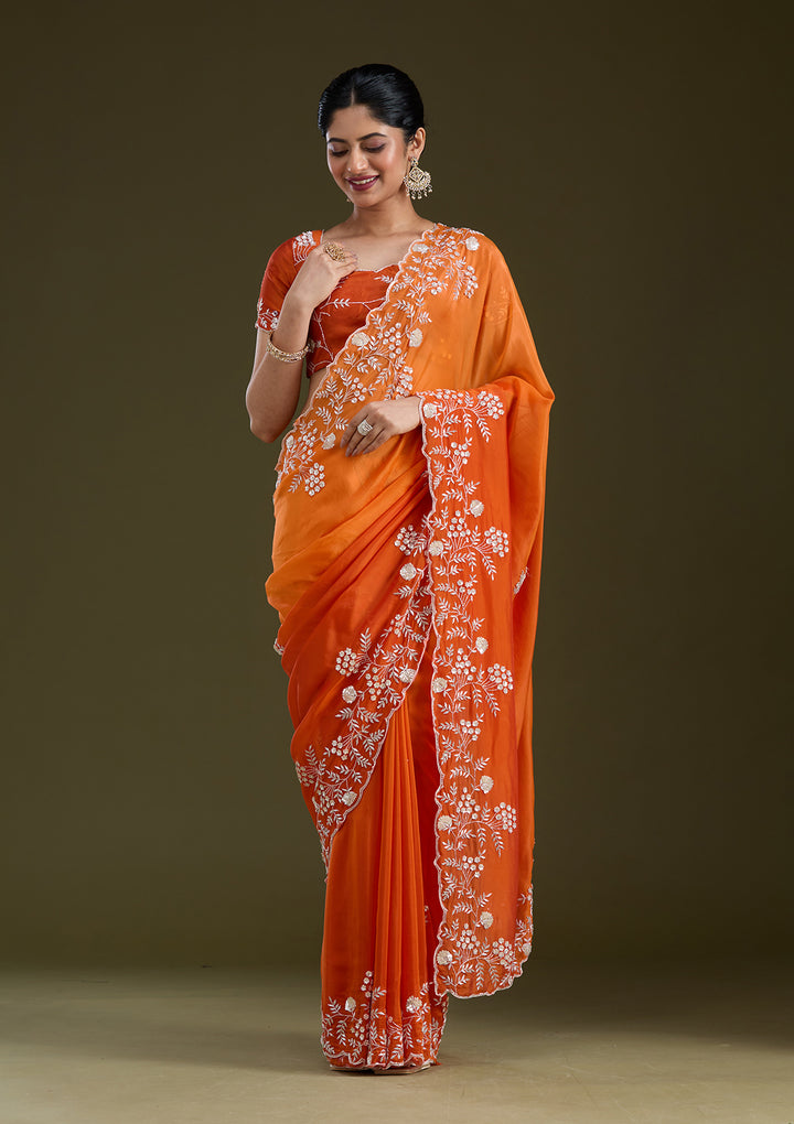 Orange Satin Aariwork Saree With Matching Blouse Piece