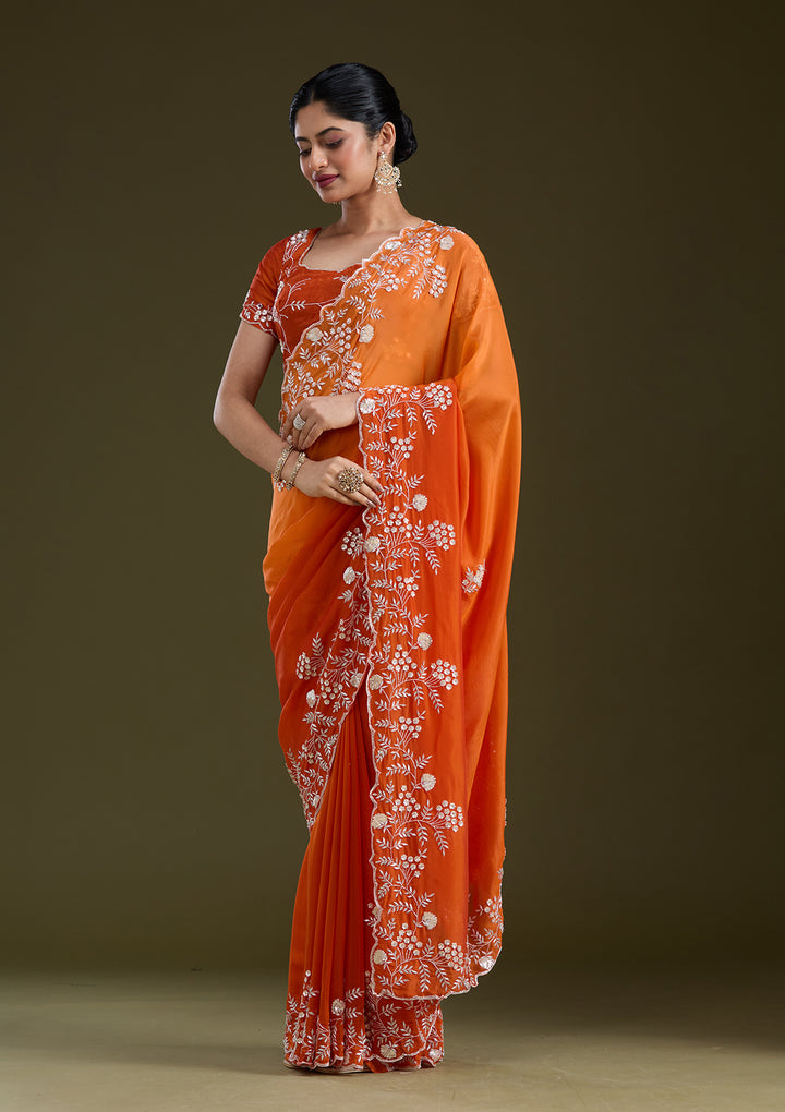Orange Satin Aariwork Saree With Matching Blouse Piece
