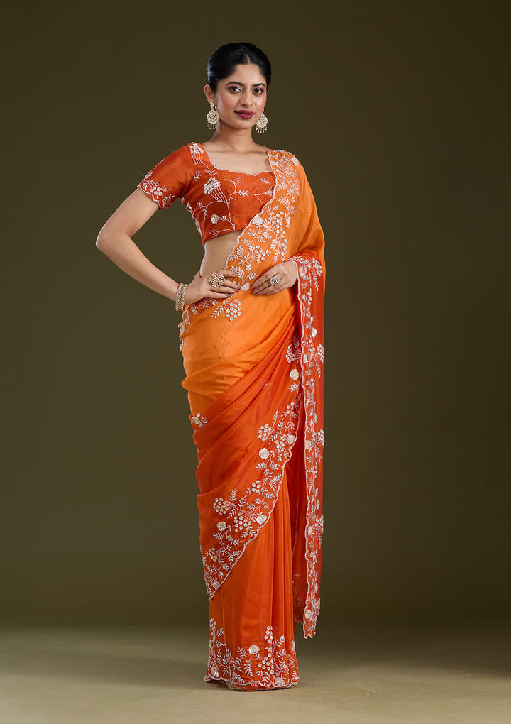 Orange Satin Aariwork Saree With Matching Blouse Piece