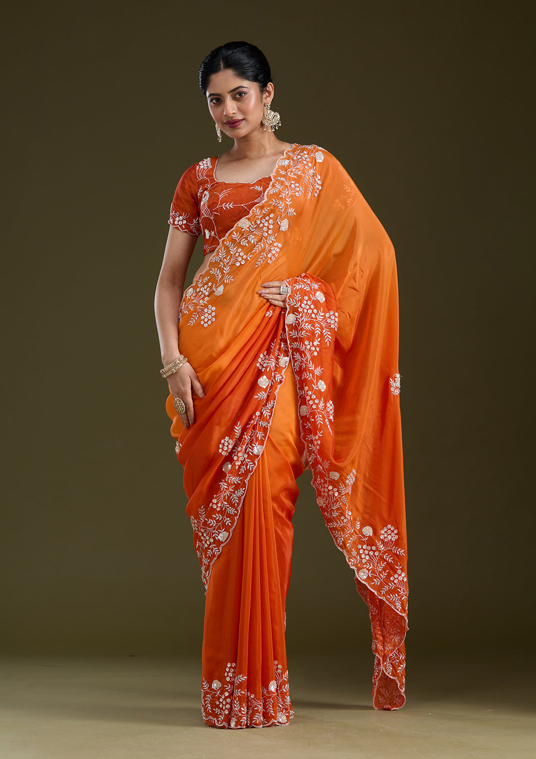 Orange Satin Aariwork Saree With Matching Blouse Piece