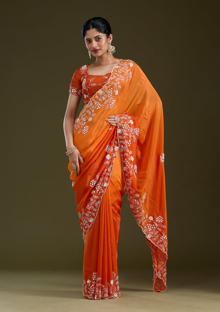 Orange Satin Aariwork Saree With Matching Blouse Piece