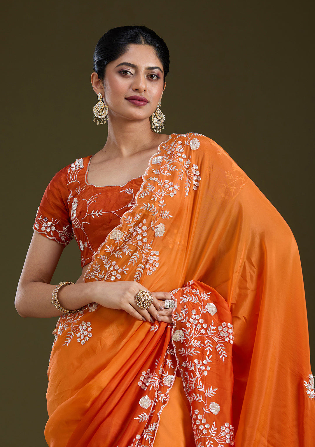 Orange Satin Aariwork Saree With Matching Blouse Piece
