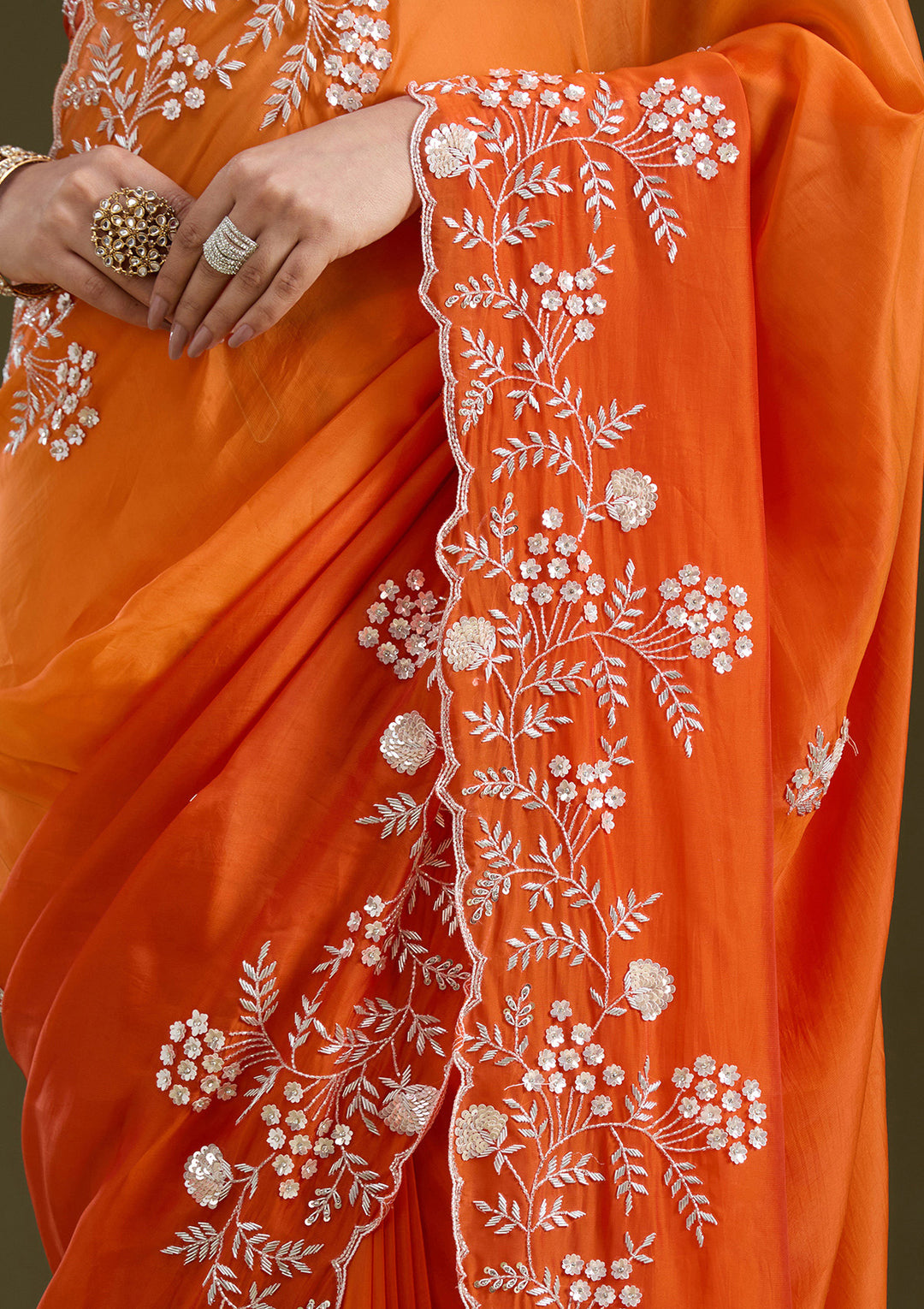 Orange Satin Aariwork Saree With Matching Blouse Piece