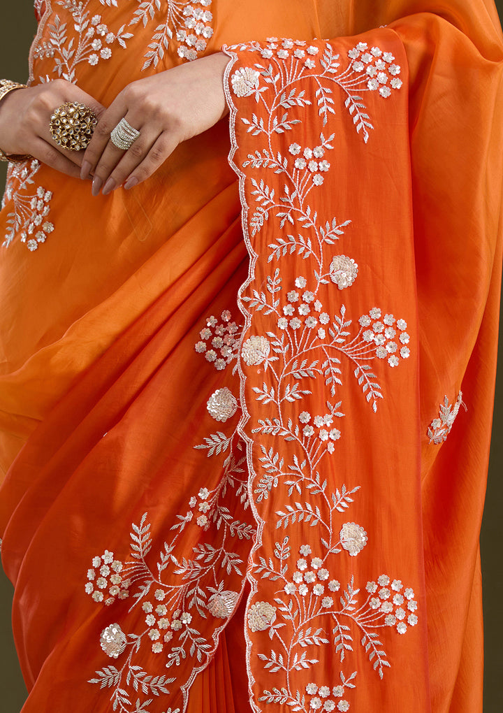 Orange Satin Aariwork Saree With Matching Blouse Piece