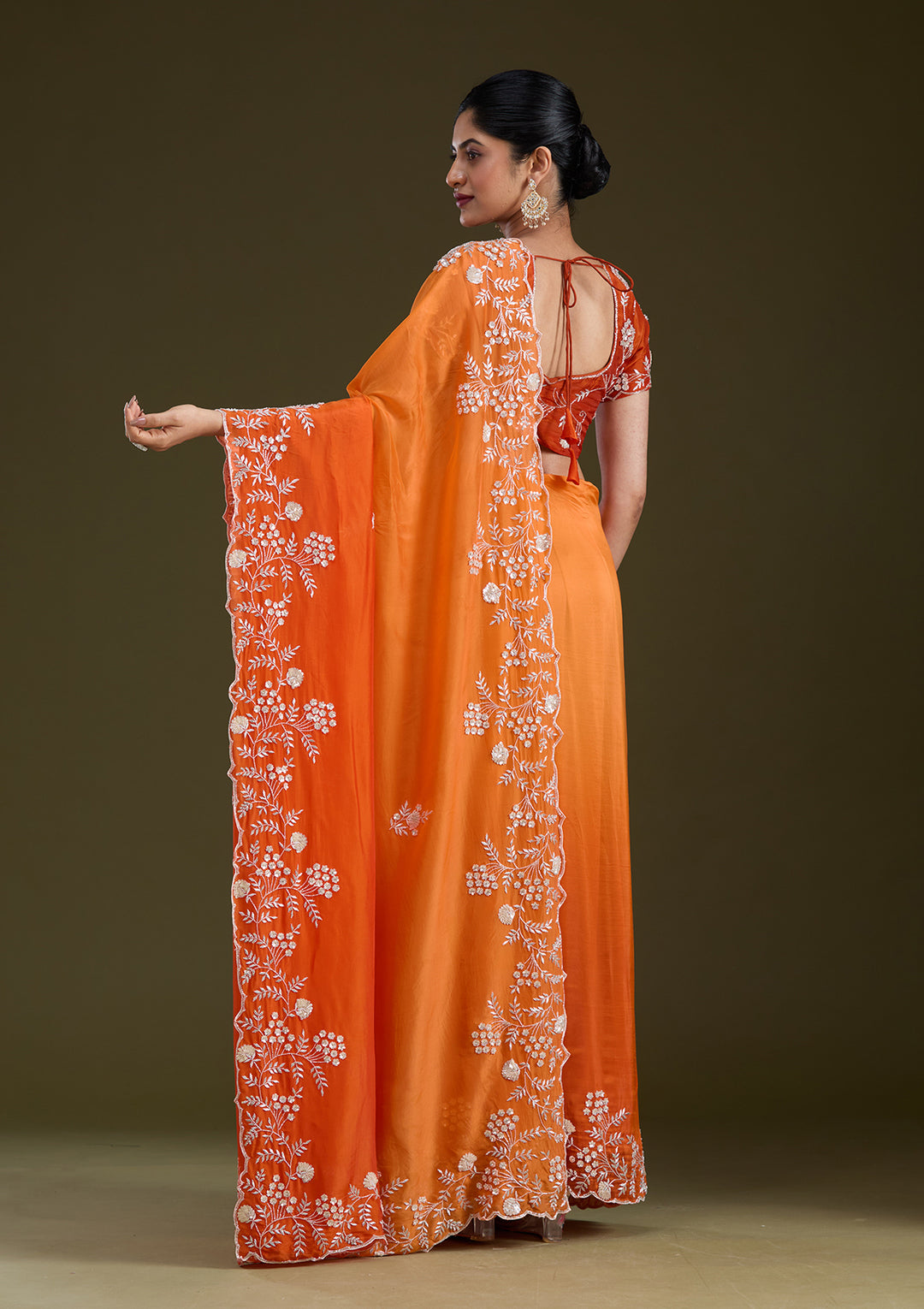 Orange Satin Aariwork Saree With Matching Blouse Piece