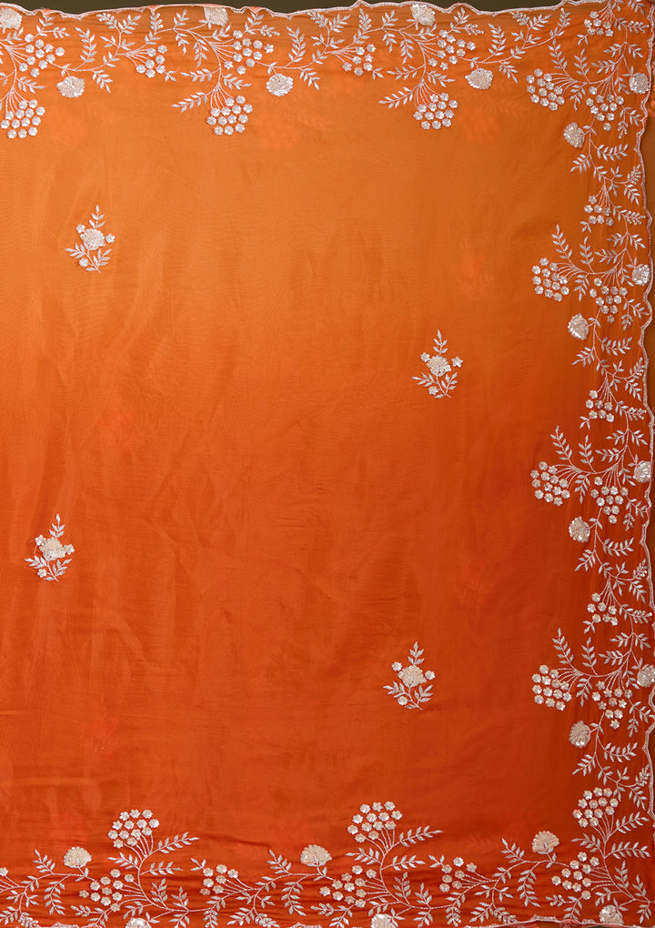 Orange Satin Aariwork Saree With Matching Blouse Piece