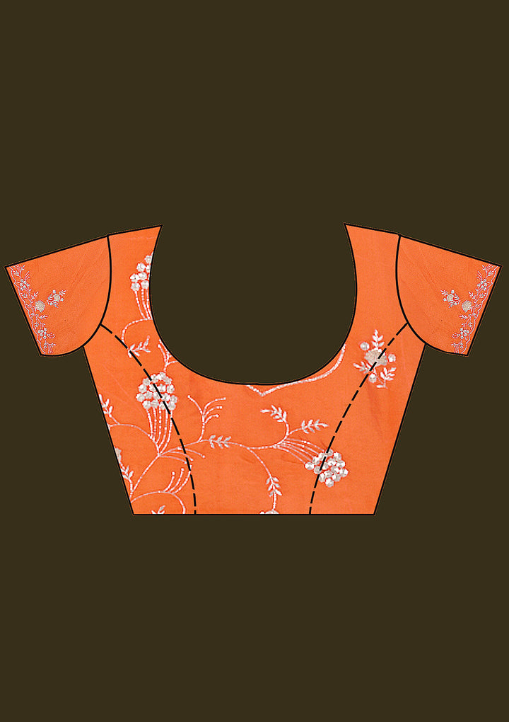 Orange Satin Aariwork Saree With Matching Blouse Piece