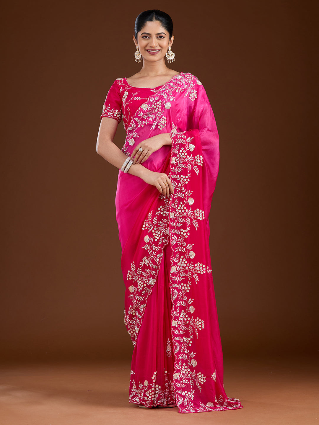 Rani Pink Aariwork Satin Saree