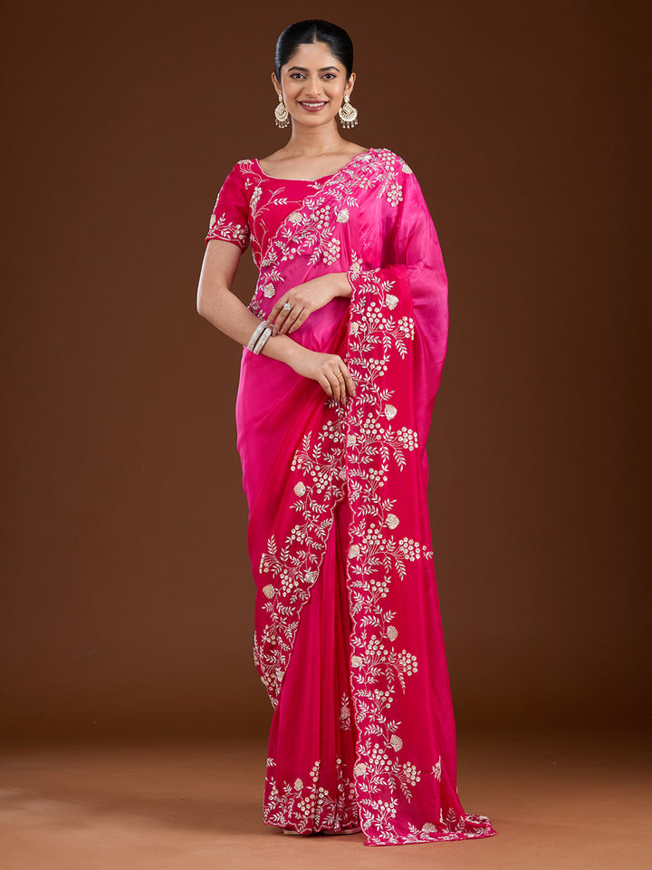 Rani Pink Aariwork Satin Saree