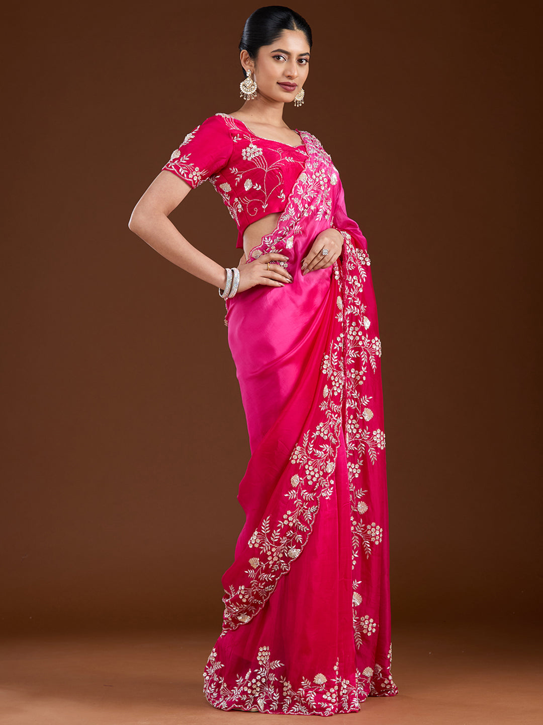 Rani Pink Aariwork Satin Saree