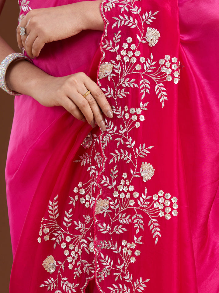 Rani Pink Aariwork Satin Saree