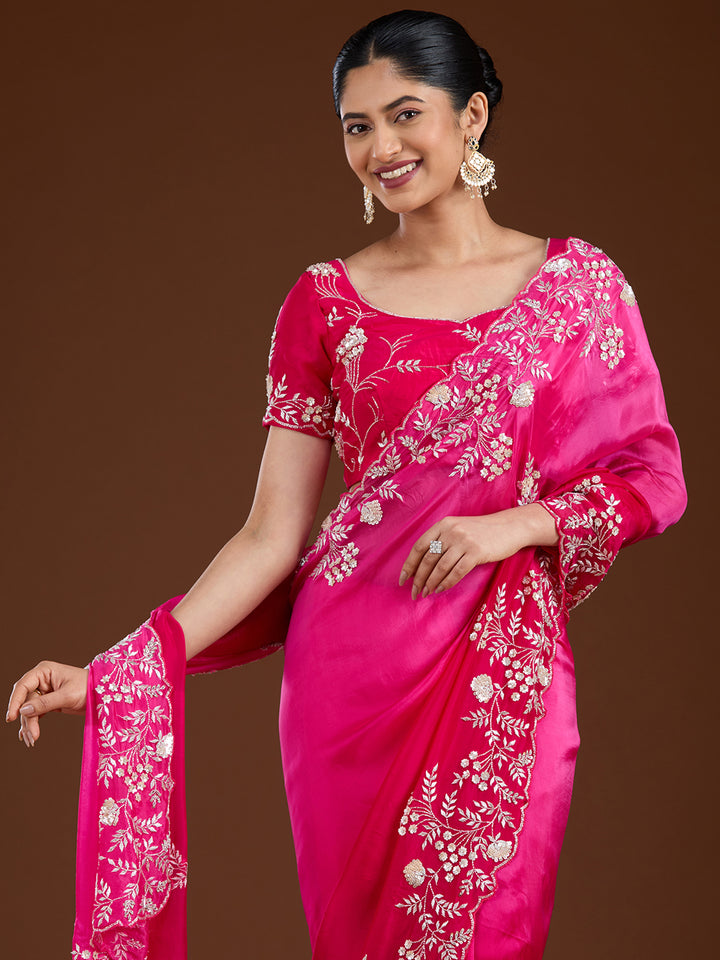 Rani Pink Aariwork Satin Saree