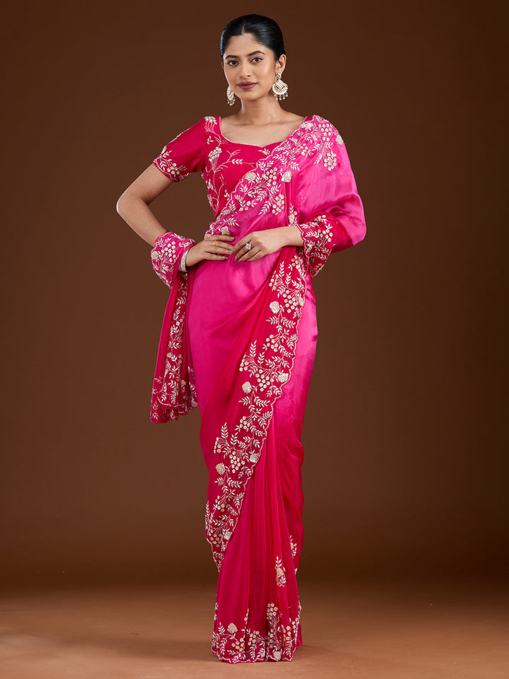 Rani Pink Aariwork Satin Saree