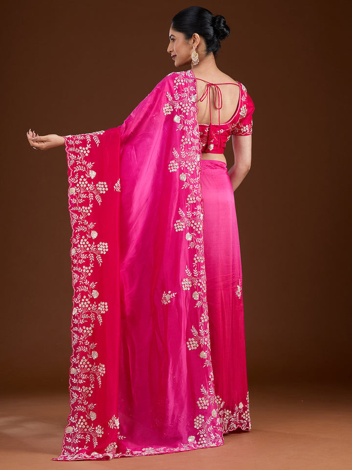 Rani Pink Aariwork Satin Saree