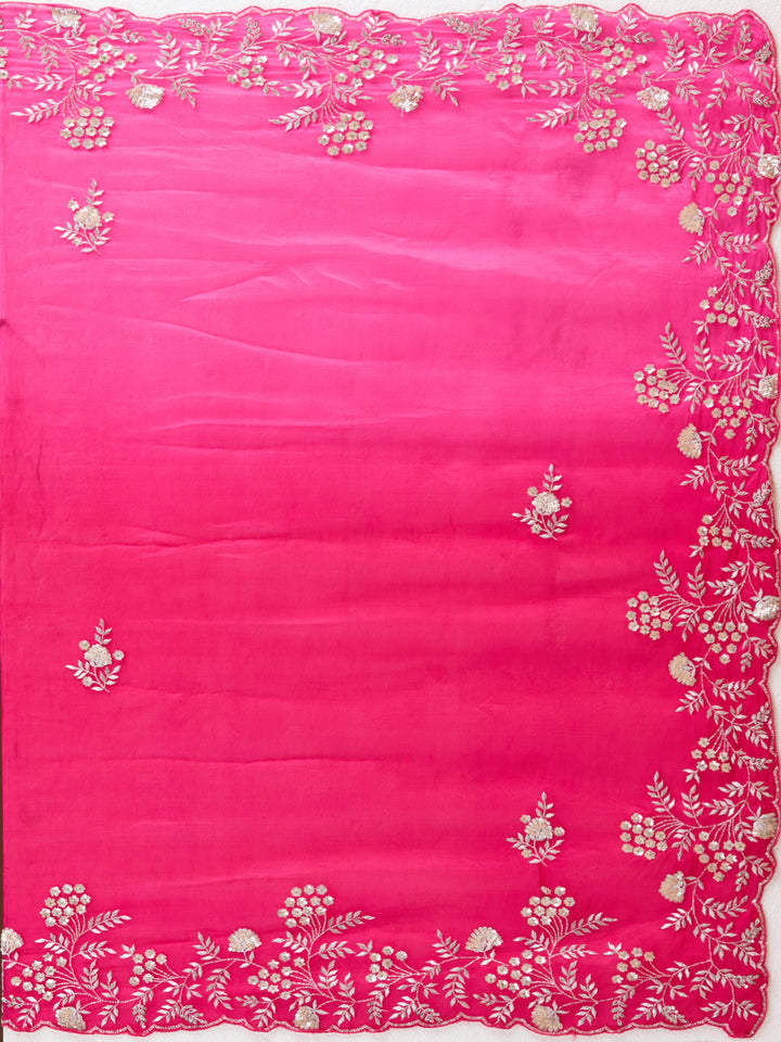 Rani Pink Aariwork Satin Saree