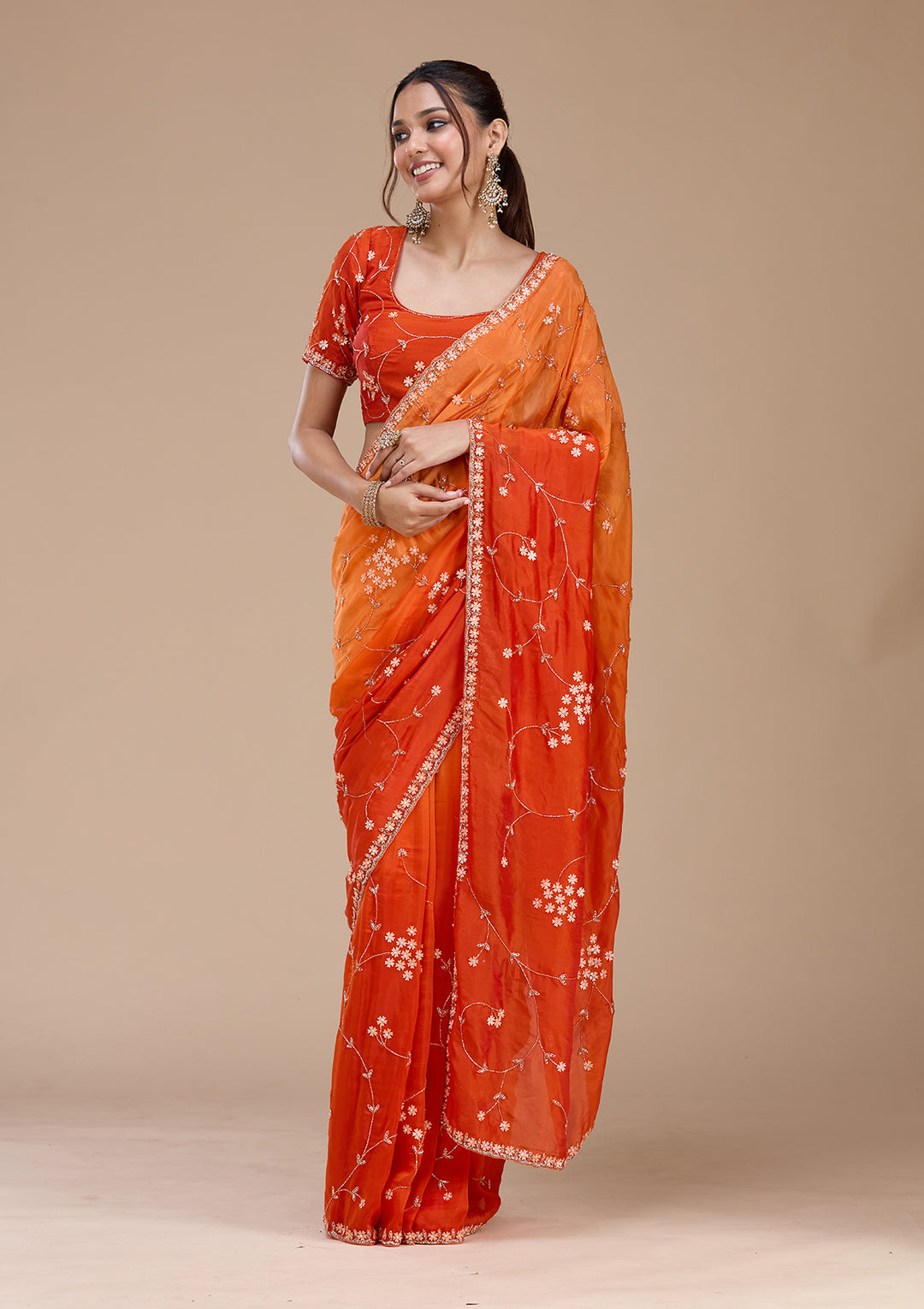 Orange Satin Cutdana Saree With Matching Blouse Piece