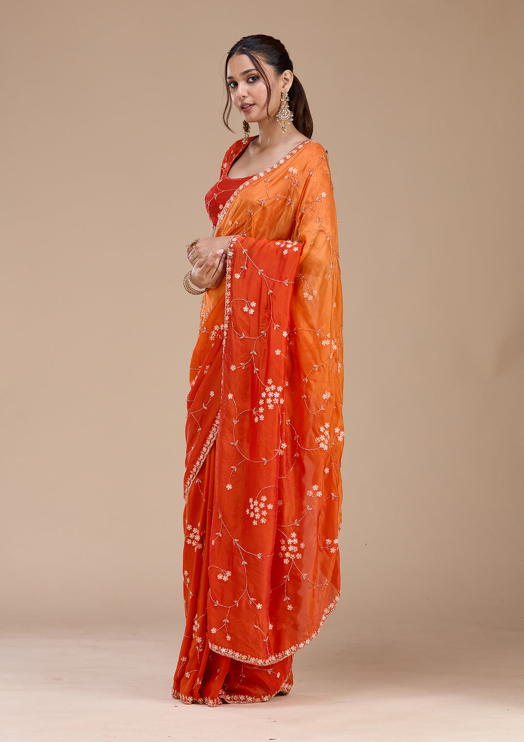 Orange Satin Cutdana Saree With Matching Blouse Piece