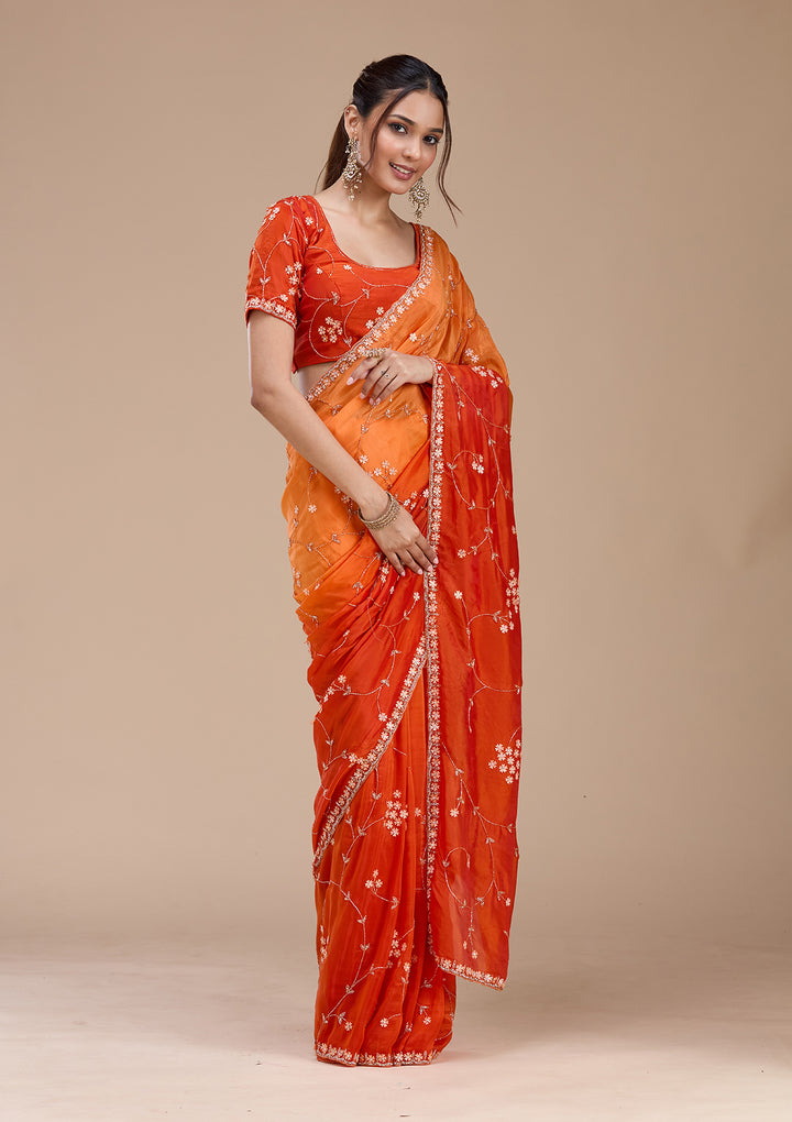 Orange Satin Cutdana Saree With Matching Blouse Piece