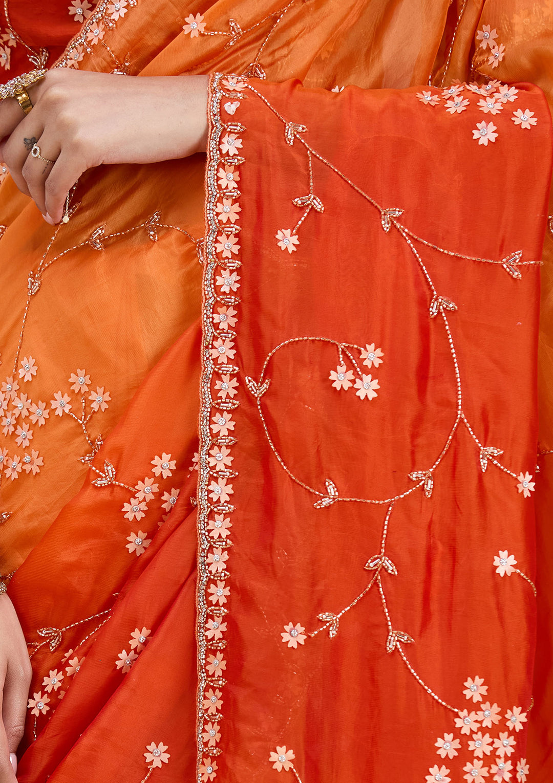 Orange Satin Cutdana Saree With Matching Blouse Piece
