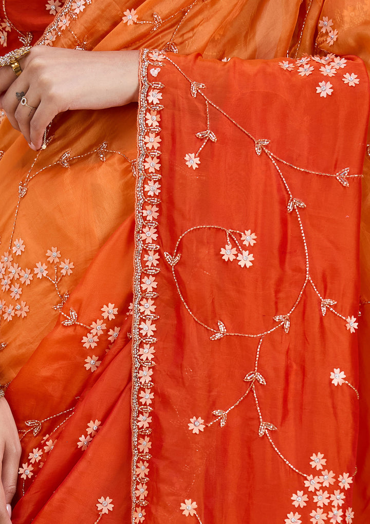 Orange Satin Cutdana Saree With Matching Blouse Piece