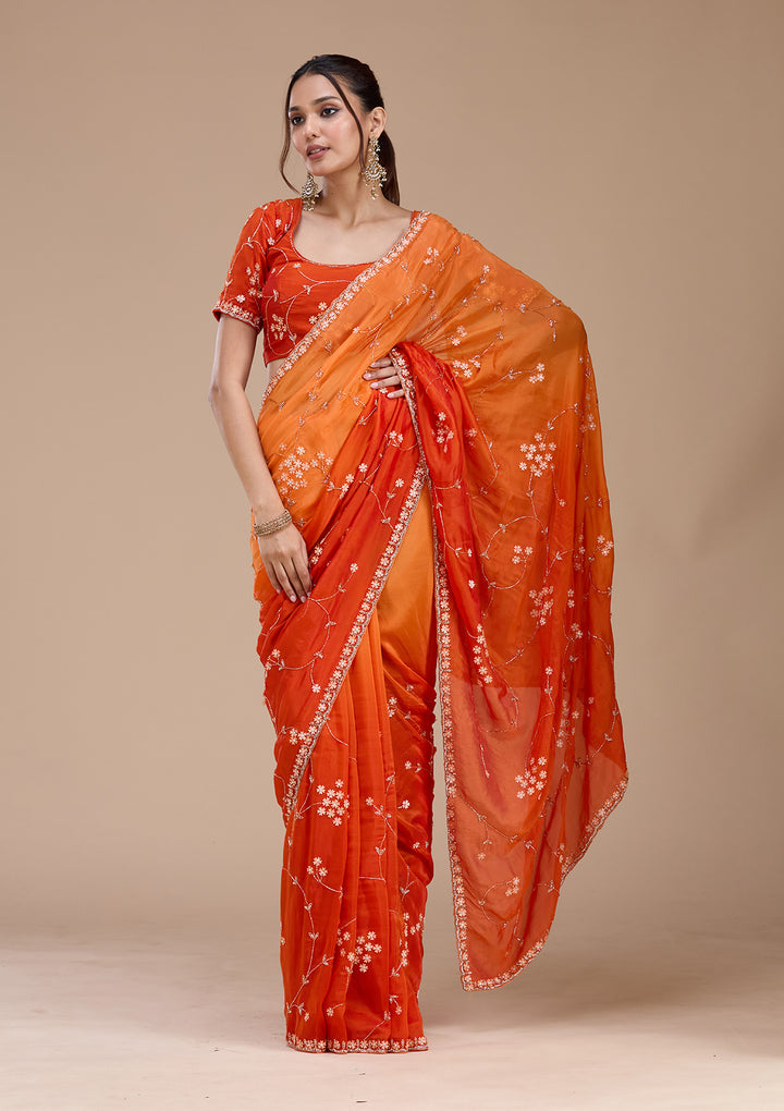 Orange Satin Cutdana Saree With Matching Blouse Piece