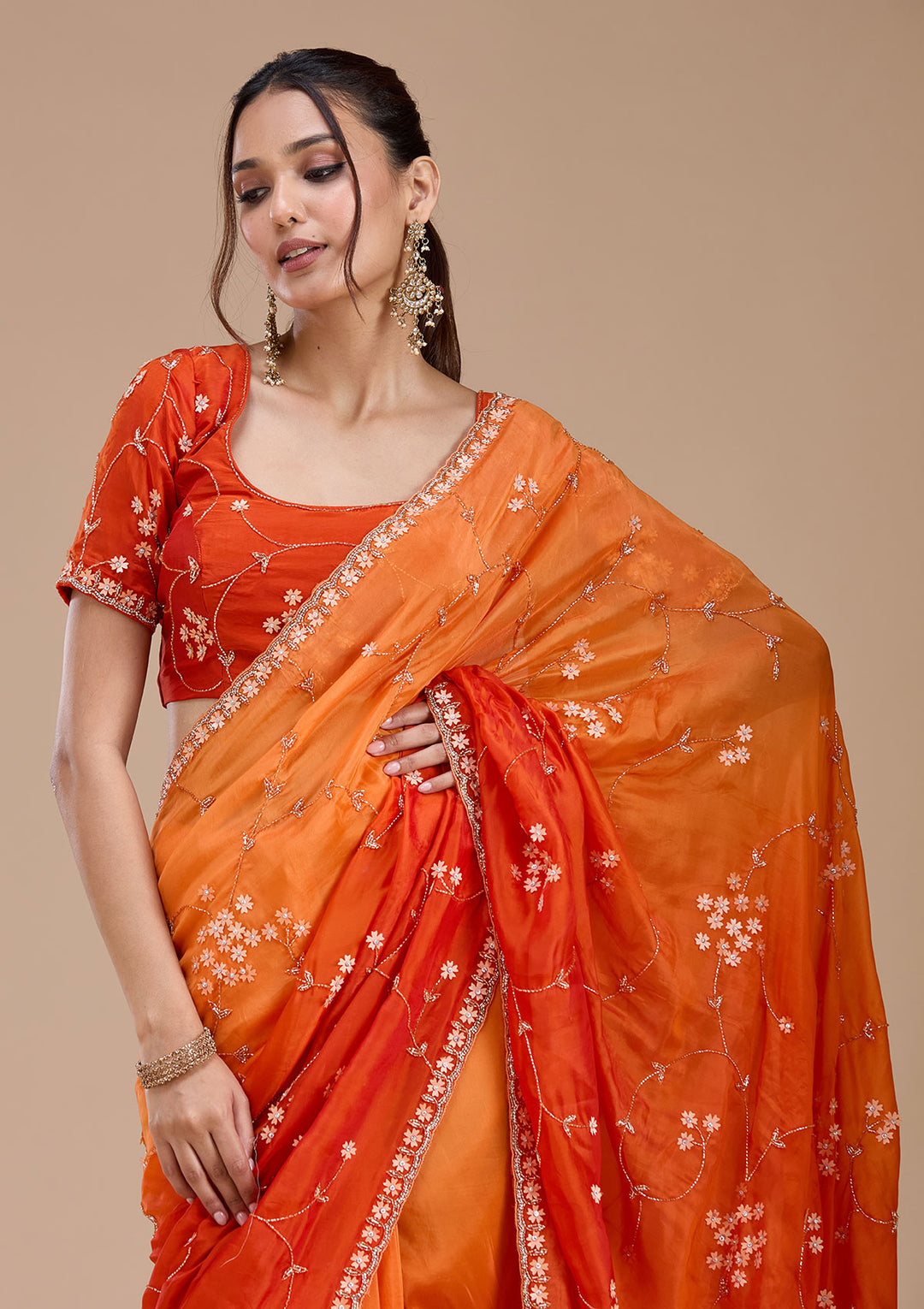 Orange Satin Cutdana Saree With Matching Blouse Piece
