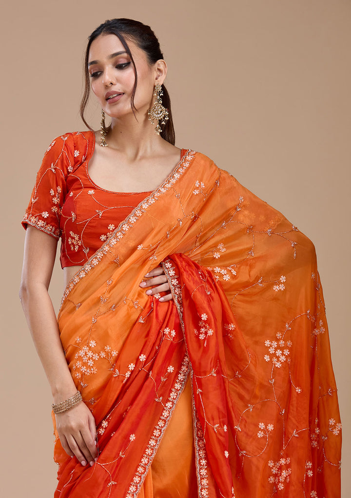 Orange Satin Cutdana Saree With Matching Blouse Piece