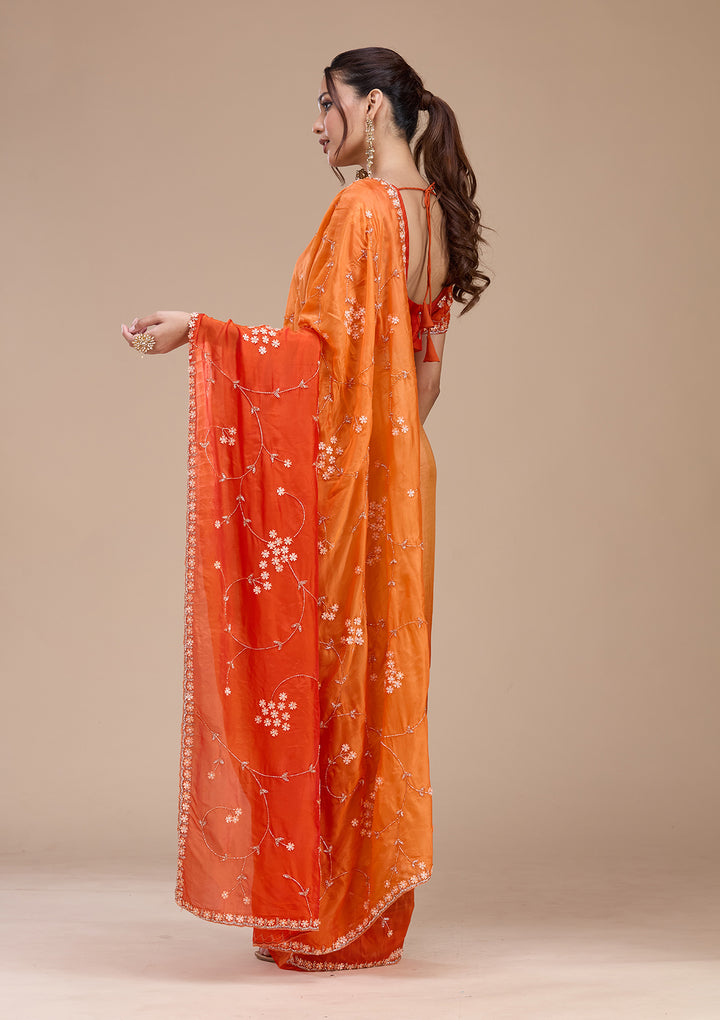 Orange Satin Cutdana Saree With Matching Blouse Piece