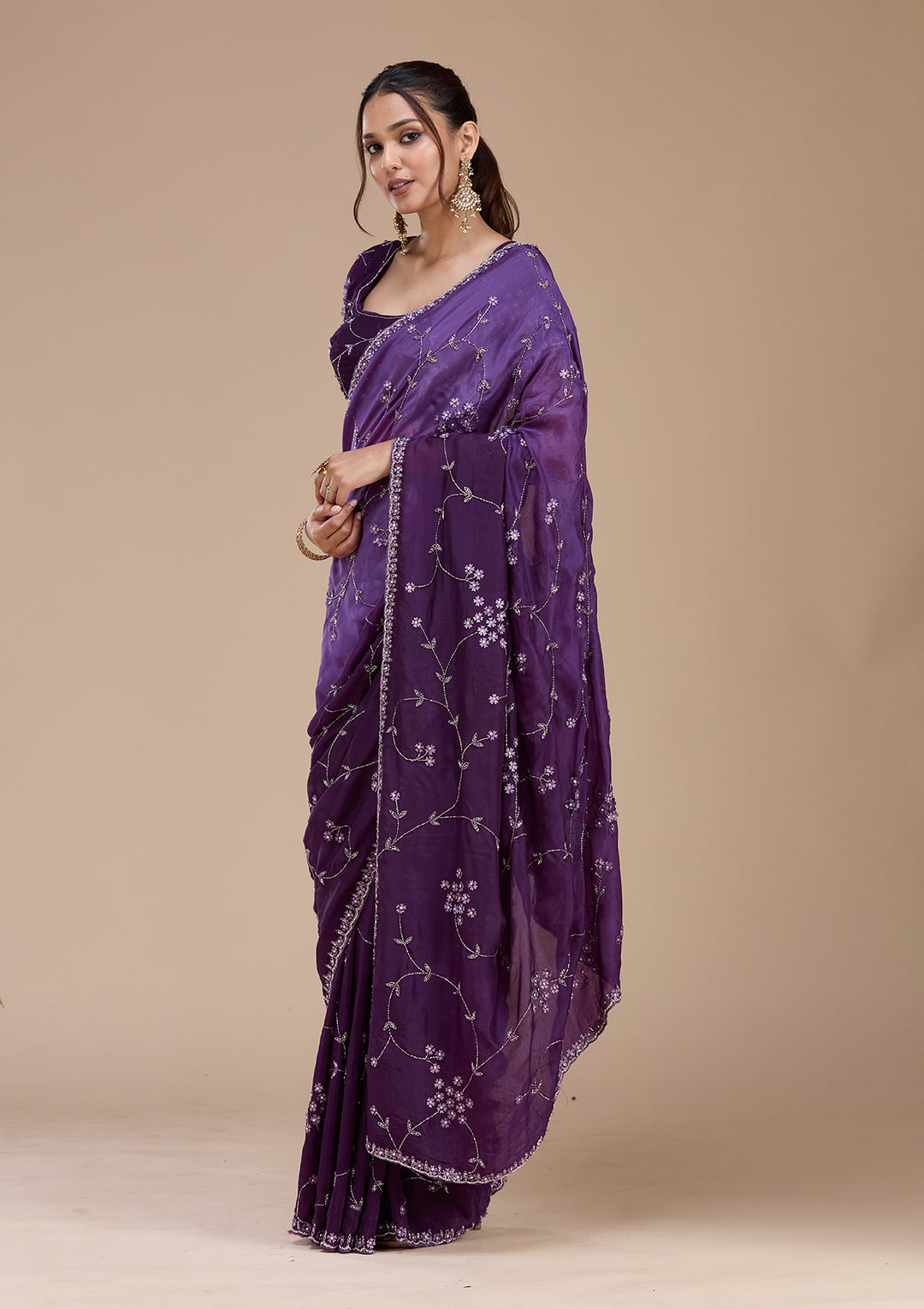 Purple Cutdana Satin Saree