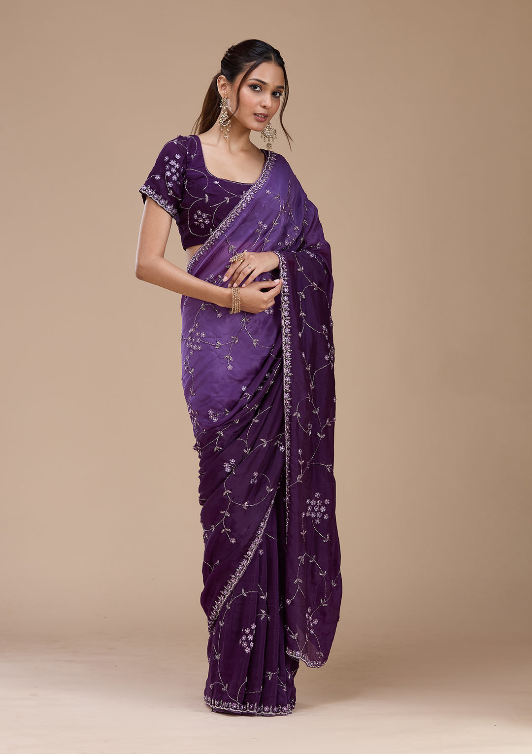 Purple Cutdana Satin Saree
