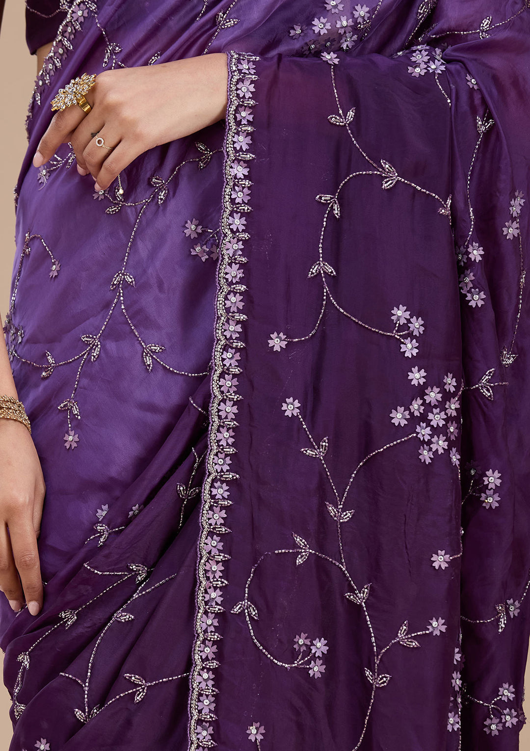 Purple Cutdana Satin Saree