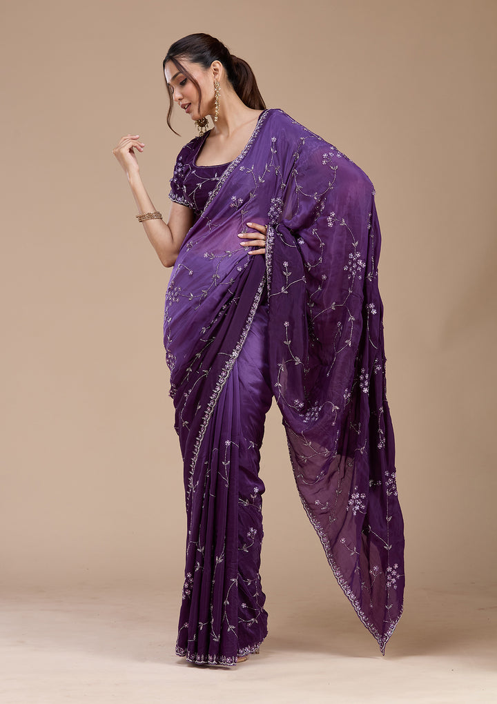 Purple Cutdana Satin Saree