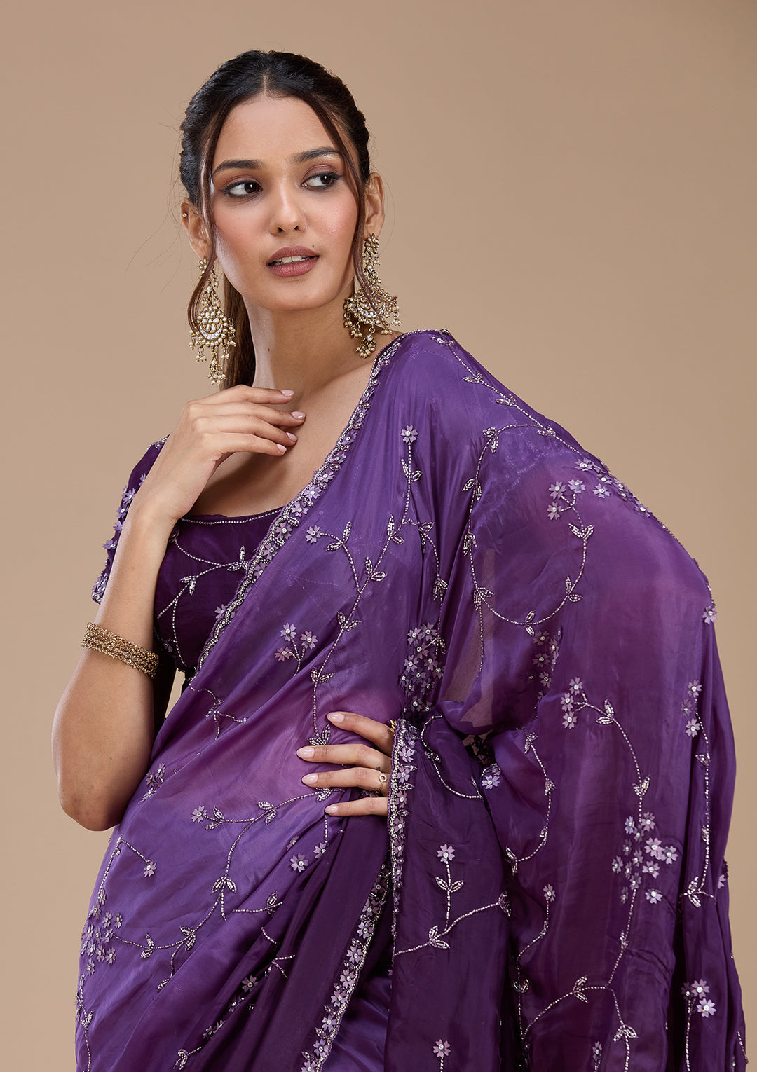 Purple Cutdana Satin Saree