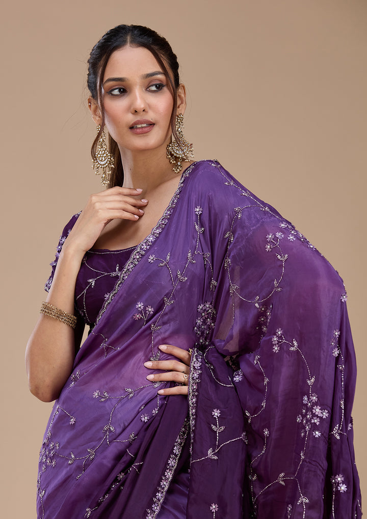 Purple Cutdana Satin Saree