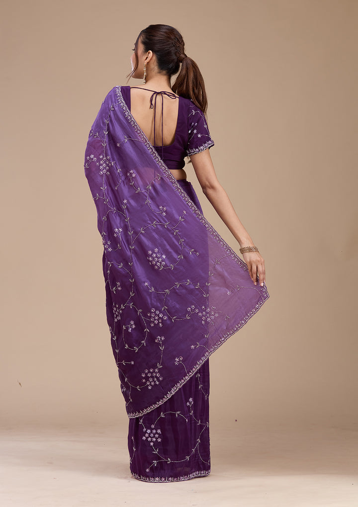 Purple Cutdana Satin Saree