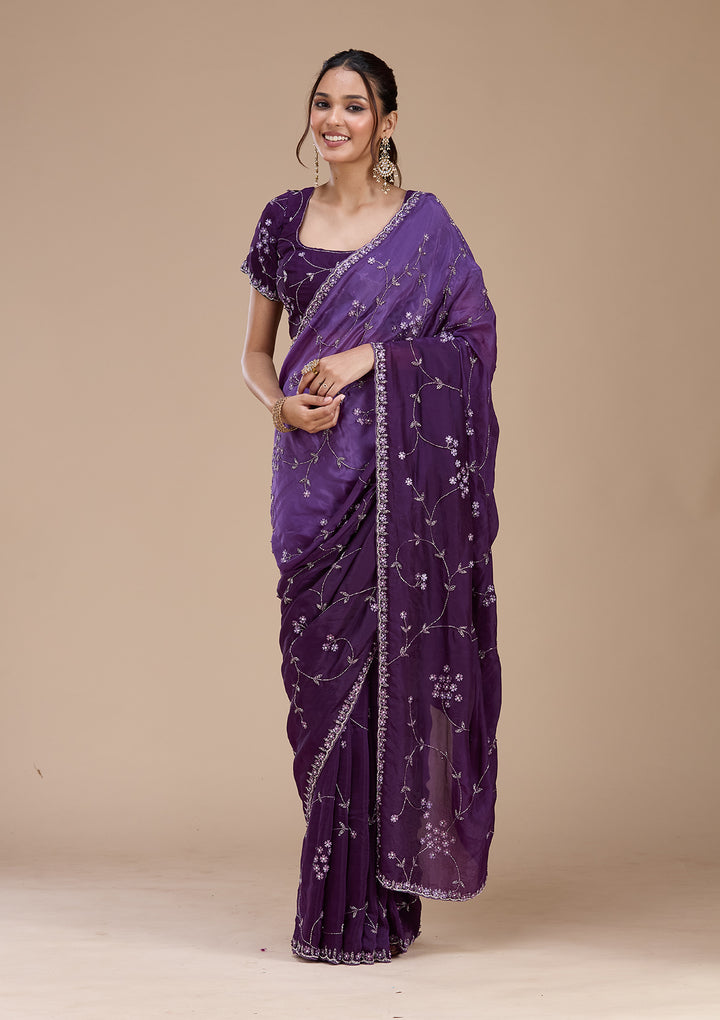 Purple Cutdana Satin Saree
