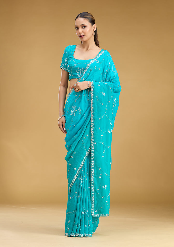 Turquoise Blue Satin Cutdana Saree With Matching Blouse Piece