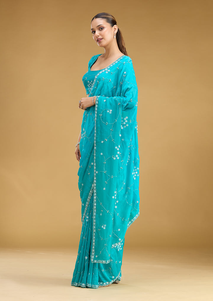 Turquoise Blue Satin Cutdana Saree With Matching Blouse Piece