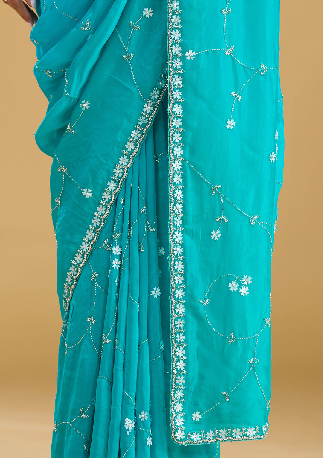 Turquoise Blue Satin Cutdana Saree With Matching Blouse Piece