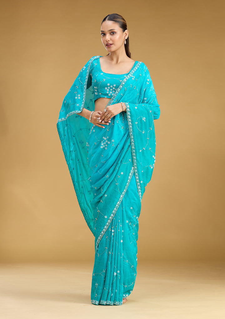 Turquoise Blue Satin Cutdana Saree With Matching Blouse Piece
