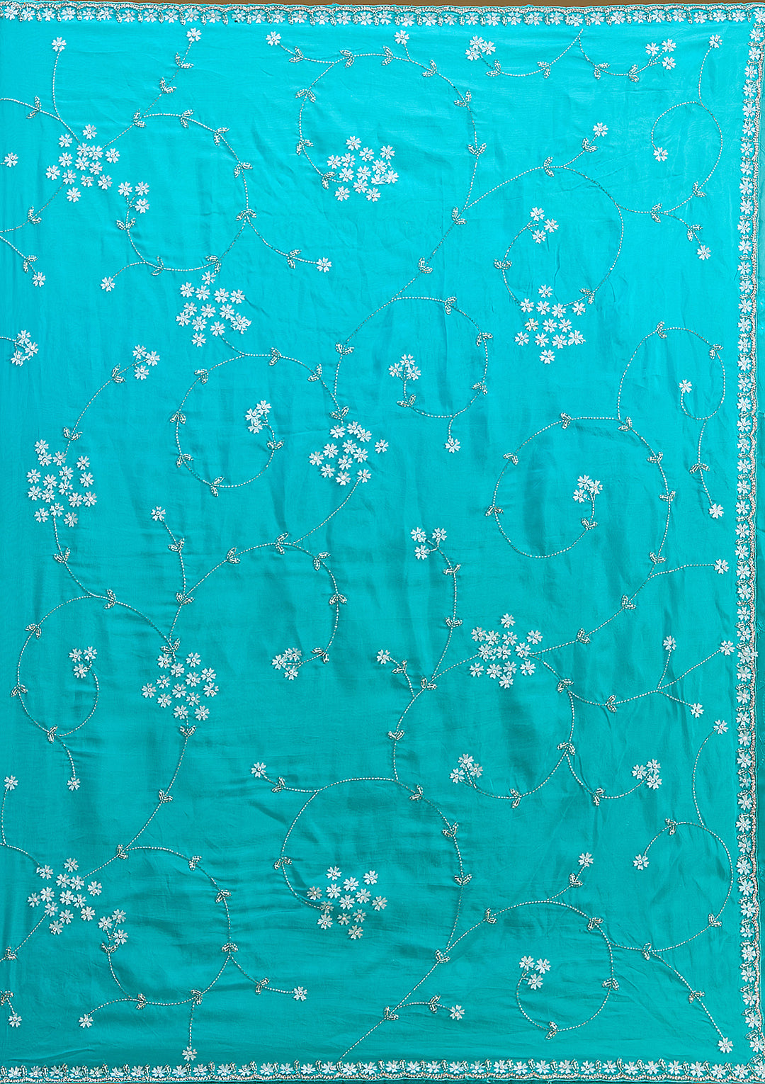 Turquoise Blue Satin Cutdana Saree With Matching Blouse Piece